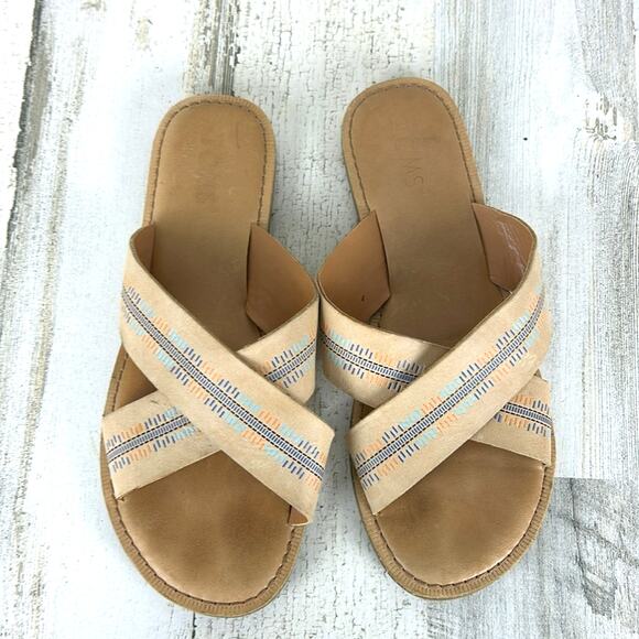 TOMS Women’s 7 Tan Leather Open Toe Slip-On Flat Boho Summer Sandals - Picture 3 of 8